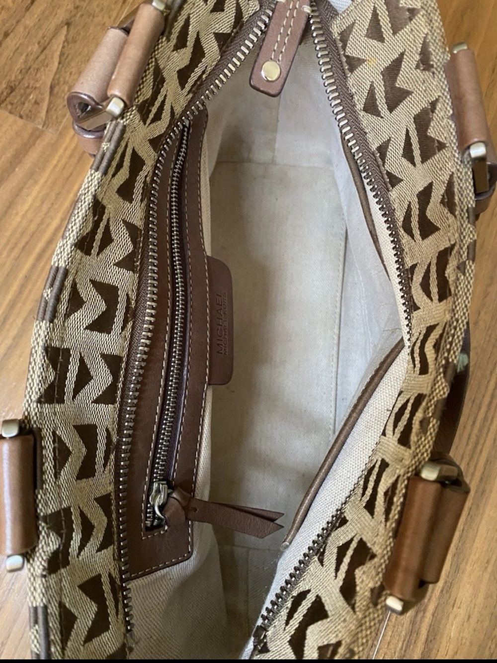 Michael Kors MK Monogram Satchel Bag Brown Tan Y2K Logo Canvas Leather Tote - Picture 7 of 10